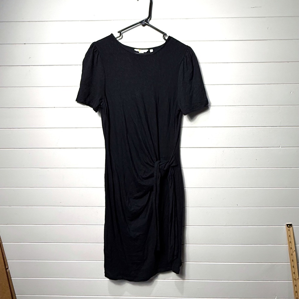Boden Side Tie Knot Jersey Sheath Dress Womens 10R Black Short Sleeve Cotton